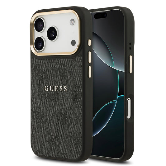 iPhone 17 Pro Kılıf Guess Orjinal Lisanslı M-safe Şarj Özellikli Gold Metal Kamera Çerçeveli PU Deri 4G Desenli Yazı Logolu Kılıf