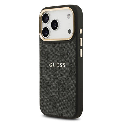 Apple iPhone 17 Pro Kılıf Guess Orjinal Lisanslı M-safe Şarj Özellikli Gold Metal Kamera Çerçeveli PU Deri 4G Desenli Yazı Logolu Kapak Kahverengi