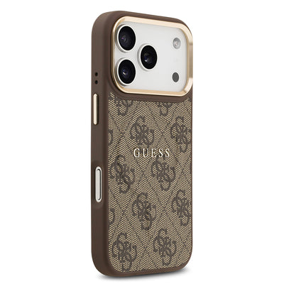 Apple iPhone 17 Pro Kılıf Guess Orjinal Lisanslı M-safe Şarj Özellikli Gold Metal Kamera Çerçeveli PU Deri 4G Desenli Yazı Logolu Kapak Kahverengi
