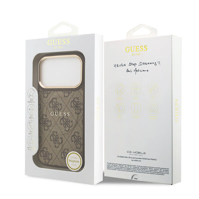 Apple iPhone 17 Pro Kılıf Guess Orjinal Lisanslı M-safe Şarj Özellikli Gold Metal Kamera Çerçeveli PU Deri 4G Desenli Yazı Logolu Kapak Kahverengi