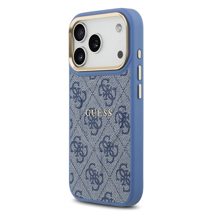 iPhone 17 Pro Kılıf Guess Orjinal Lisanslı M-safe Şarj Özellikli Gold Metal Kamera Çerçeveli PU Deri 4G Desenli Yazı Logolu Kılıf