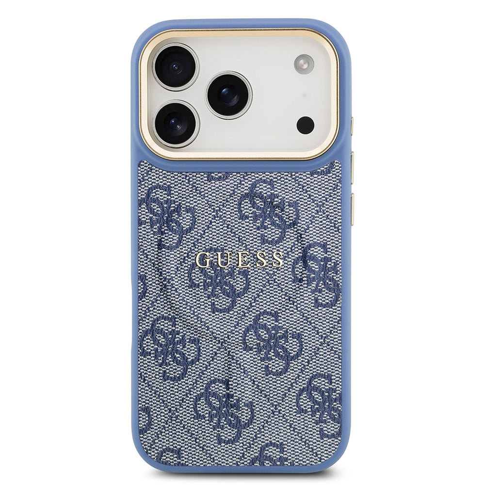 iPhone 17 Pro Kılıf Guess Orjinal Lisanslı M-safe Şarj Özellikli Gold Metal Kamera Çerçeveli PU Deri 4G Desenli Yazı Logolu Kılıf