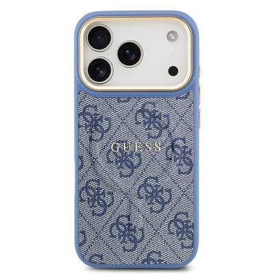 Apple iPhone 17 Pro Kılıf Guess Orjinal Lisanslı M-safe Şarj Özellikli Gold Metal Kamera Çerçeveli PU Deri 4G Desenli Yazı Logolu Kapak Pembe