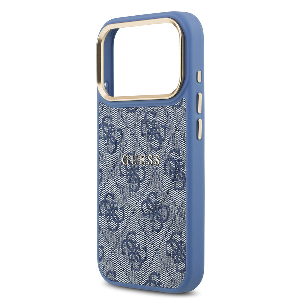 Apple iPhone 17 Pro Kılıf Guess Orjinal Lisanslı M-safe Şarj Özellikli Gold Metal Kamera Çerçeveli PU Deri 4G Desenli Yazı Logolu Kapak Pembe