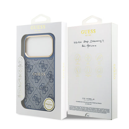 iPhone 17 Pro Kılıf Guess Orjinal Lisanslı M-safe Şarj Özellikli Gold Metal Kamera Çerçeveli PU Deri 4G Desenli Yazı Logolu Kılıf