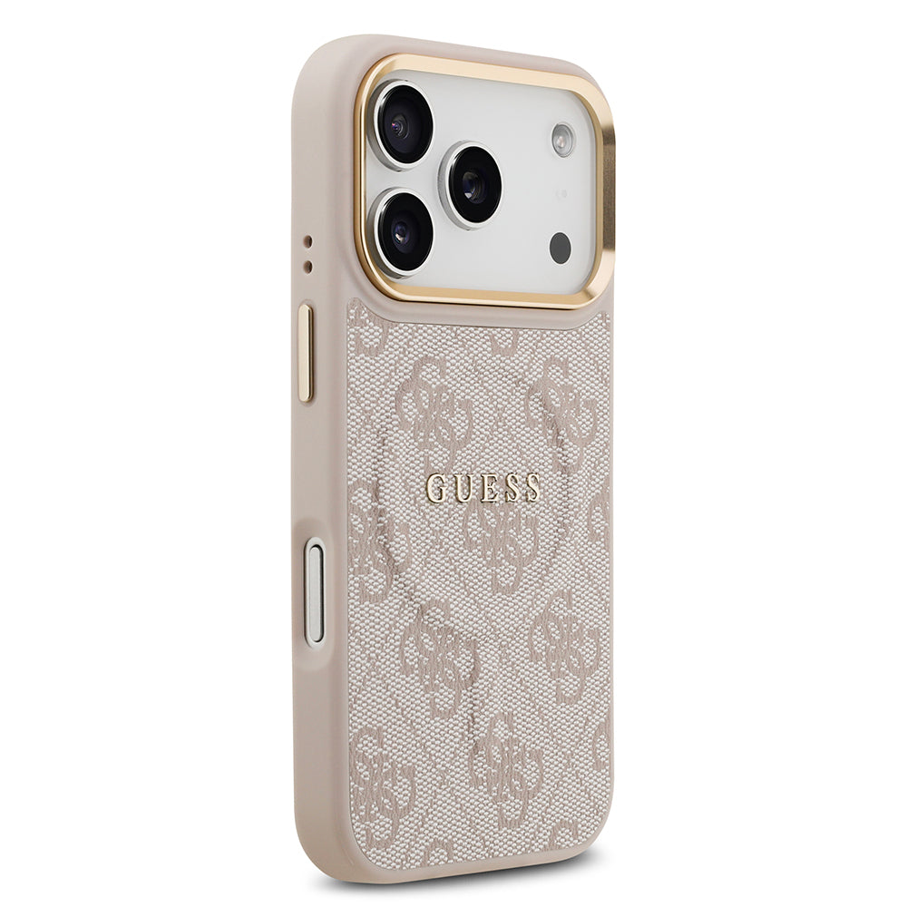 iPhone 17 Pro Kılıf Guess Orjinal Lisanslı M-safe Şarj Özellikli Gold Metal Kamera Çerçeveli PU Deri 4G Desenli Yazı Logolu Kılıf
