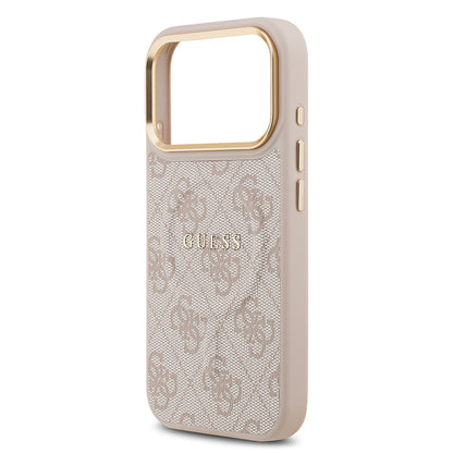 iPhone 17 Pro Kılıf Guess Orjinal Lisanslı M-safe Şarj Özellikli Gold Metal Kamera Çerçeveli PU Deri 4G Desenli Yazı Logolu Kılıf