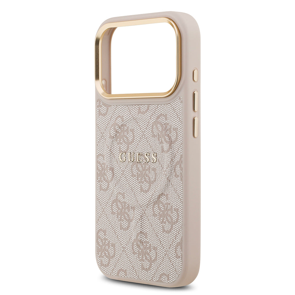 Apple iPhone 17 Pro Kılıf Guess Orjinal Lisanslı M-safe Şarj Özellikli Gold Metal Kamera Çerçeveli PU Deri 4G Desenli Yazı Logolu Kapak Pembe