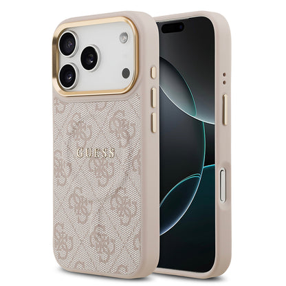 iPhone 17 Pro Kılıf Guess Orjinal Lisanslı M-safe Şarj Özellikli Gold Metal Kamera Çerçeveli PU Deri 4G Desenli Yazı Logolu Kılıf