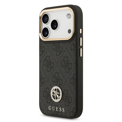 Apple iPhone 17 Pro Kılıf Guess Orjinal Lisanslı M-safe Şarj Özellikli Gold Metal Kamera Çerçeveli Taşlı 4G Logolu Kapak Siyah