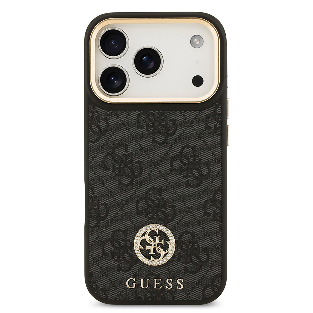 iPhone 17 Pro Kılıf Guess Orjinal Lisanslı M-safe Şarj Özellikli Gold Metal Kamera Çerçeveli Taşlı 4G Logolu Kılıf