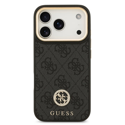 iPhone 17 Pro Kılıf Guess Orjinal Lisanslı M-safe Şarj Özellikli Gold Metal Kamera Çerçeveli Taşlı 4G Logolu Kılıf
