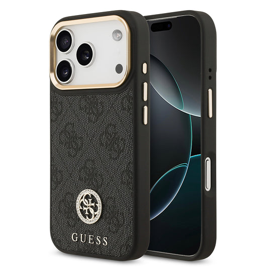 iPhone 17 Pro Kılıf Guess Orjinal Lisanslı M-safe Şarj Özellikli Gold Metal Kamera Çerçeveli Taşlı 4G Logolu Kılıf