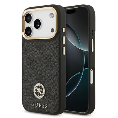 Apple iPhone 17 Pro Kılıf Guess Orjinal Lisanslı M-safe Şarj Özellikli Gold Metal Kamera Çerçeveli Taşlı 4G Logolu Kapak Kahverengi