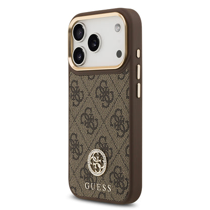 iPhone 17 Pro Kılıf Guess Orjinal Lisanslı M-safe Şarj Özellikli Gold Metal Kamera Çerçeveli Taşlı 4G Logolu Kılıf