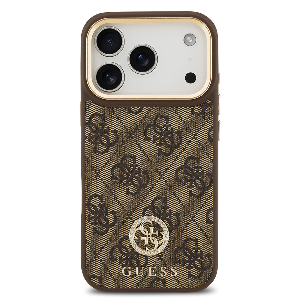 iPhone 17 Pro Kılıf Guess Orjinal Lisanslı M-safe Şarj Özellikli Gold Metal Kamera Çerçeveli Taşlı 4G Logolu Kılıf