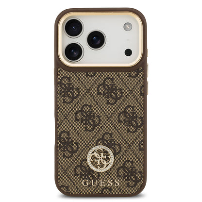 iPhone 17 Pro Kılıf Guess Orjinal Lisanslı M-safe Şarj Özellikli Gold Metal Kamera Çerçeveli Taşlı 4G Logolu Kılıf