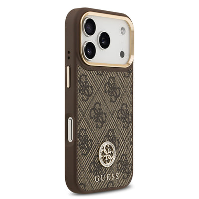Apple iPhone 17 Pro Kılıf Guess Orjinal Lisanslı M-safe Şarj Özellikli Gold Metal Kamera Çerçeveli Taşlı 4G Logolu Kapak Kahverengi