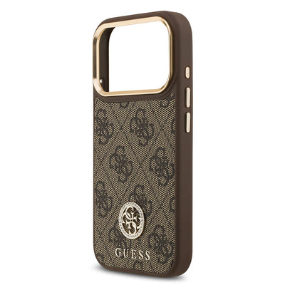 Apple iPhone 17 Pro Kılıf Guess Orjinal Lisanslı M-safe Şarj Özellikli Gold Metal Kamera Çerçeveli Taşlı 4G Logolu Kapak Kahverengi