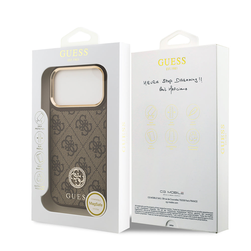 iPhone 17 Pro Kılıf Guess Orjinal Lisanslı M-safe Şarj Özellikli Gold Metal Kamera Çerçeveli Taşlı 4G Logolu Kılıf