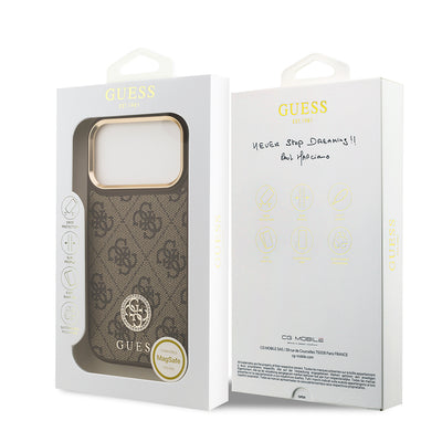 Apple iPhone 17 Pro Kılıf Guess Orjinal Lisanslı M-safe Şarj Özellikli Gold Metal Kamera Çerçeveli Taşlı 4G Logolu Kapak Kahverengi