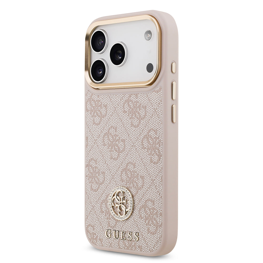 iPhone 17 Pro Kılıf Guess Orjinal Lisanslı M-safe Şarj Özellikli Gold Metal Kamera Çerçeveli Taşlı 4G Logolu Kılıf