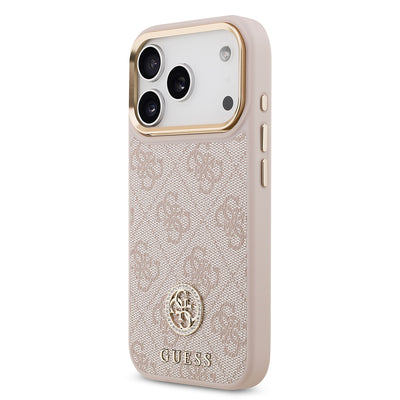 Apple iPhone 17 Pro Kılıf Guess Orjinal Lisanslı M-safe Şarj Özellikli Gold Metal Kamera Çerçeveli Taşlı 4G Logolu Kapak Pembe