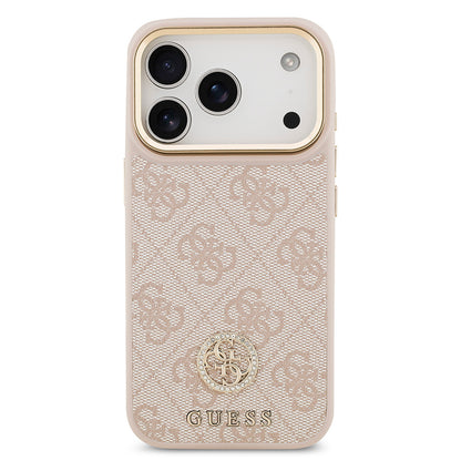iPhone 17 Pro Kılıf Guess Orjinal Lisanslı M-safe Şarj Özellikli Gold Metal Kamera Çerçeveli Taşlı 4G Logolu Kılıf