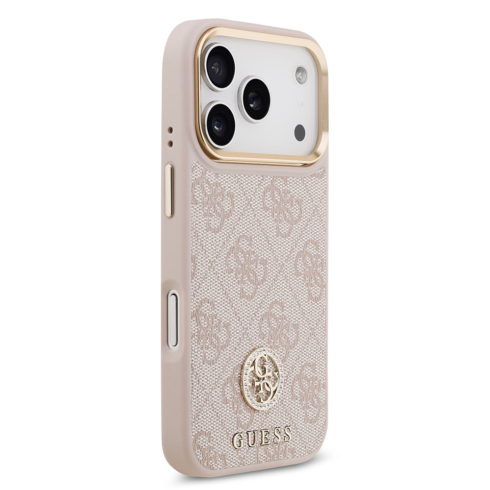 iPhone 17 Pro Kılıf Guess Orjinal Lisanslı M-safe Şarj Özellikli Gold Metal Kamera Çerçeveli Taşlı 4G Logolu Kılıf