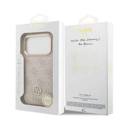 iPhone 17 Pro Kılıf Guess Orjinal Lisanslı M-safe Şarj Özellikli Gold Metal Kamera Çerçeveli Taşlı 4G Logolu Kılıf