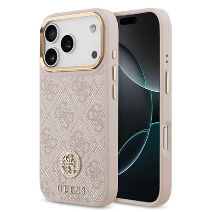iPhone 17 Pro Kılıf Guess Orjinal Lisanslı M-safe Şarj Özellikli Gold Metal Kamera Çerçeveli Taşlı 4G Logolu Kılıf