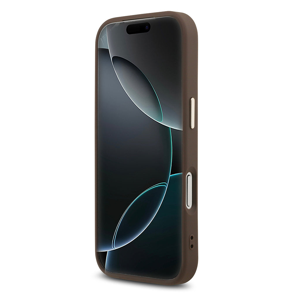 iPhone 17 Pro Kılıf Guess Orjinal Lisanslı M-safe Şarj Özellikli Gold Metal Kamera Çerçeveli Taşlı Üçgen Logo 4G Desenli Kılıf