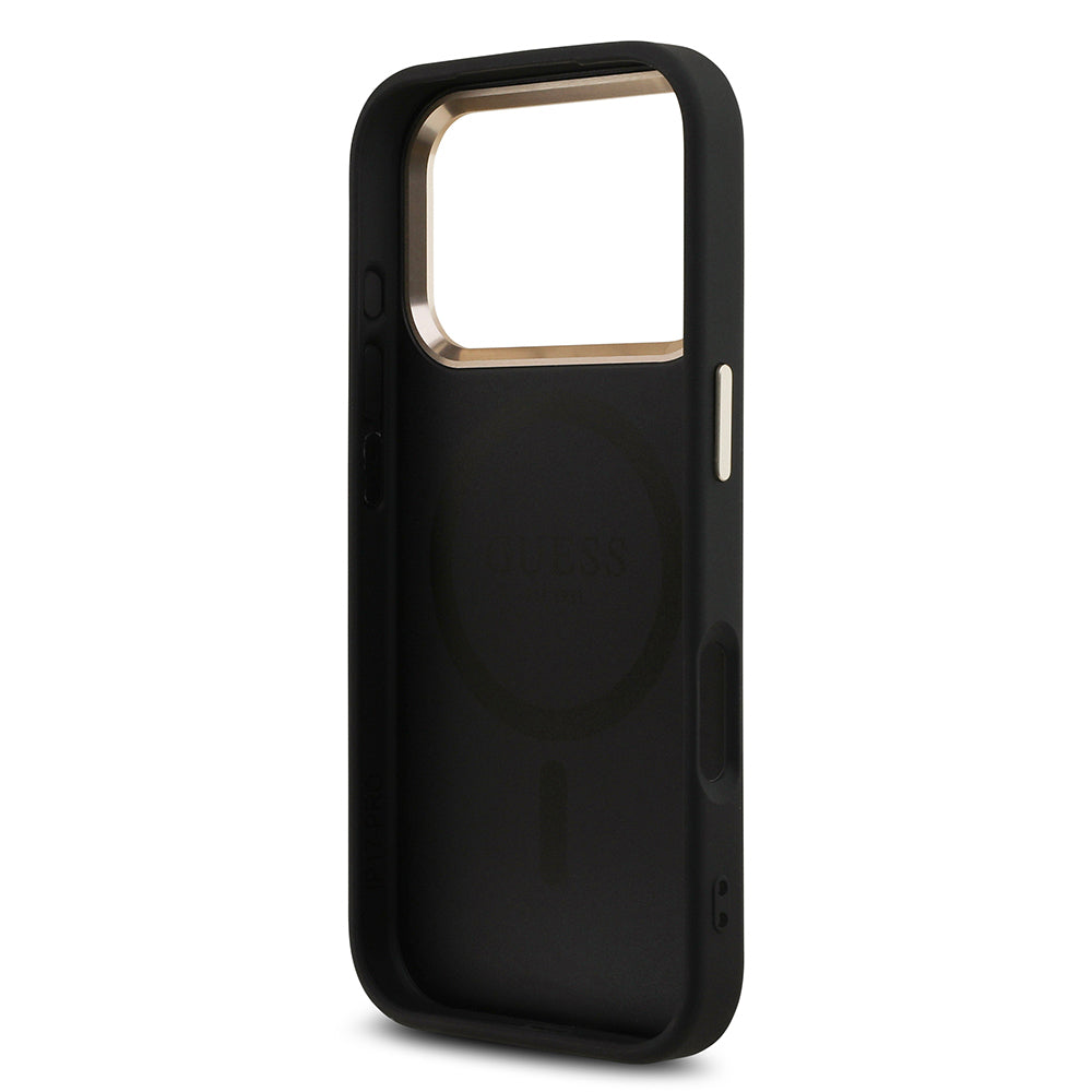 iPhone 17 Pro Kılıf Guess Orjinal Lisanslı M-safe Şarj Özellikli Gold Metal Kamera Çerçeveli Taşlı Üçgen Logo 4G Desenli Kılıf