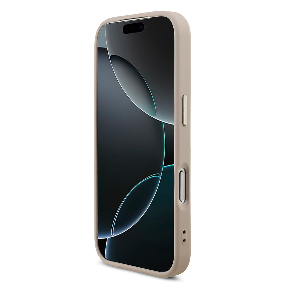 iPhone 17 Pro Kılıf Guess Orjinal Lisanslı M-safe Şarj Özellikli Gold Metal Kamera Çerçeveli Taşlı Üçgen Logo 4G Desenli Kılıf