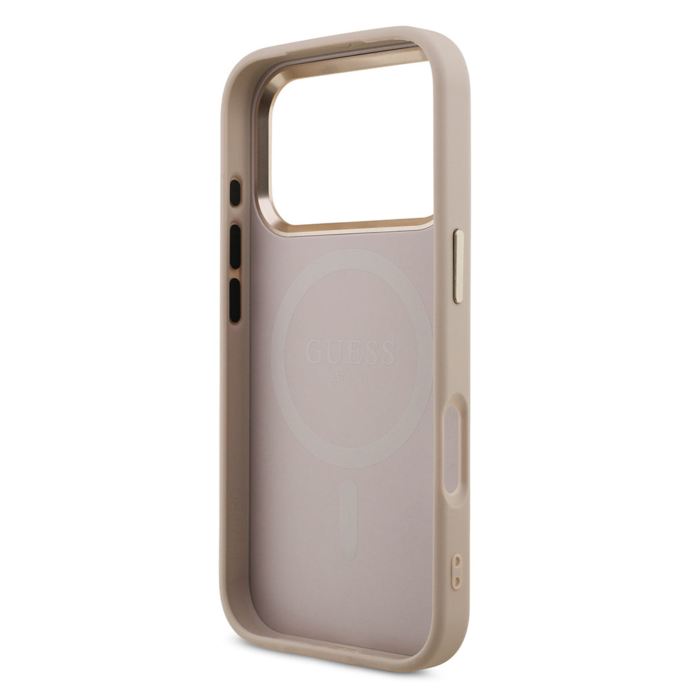 iPhone 17 Pro Kılıf Guess Orjinal Lisanslı M-safe Şarj Özellikli Gold Metal Kamera Çerçeveli Taşlı Üçgen Logo 4G Desenli Kılıf