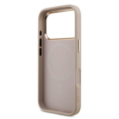 iPhone 17 Pro Kılıf Guess Orjinal Lisanslı M-safe Şarj Özellikli Gold Metal Kamera Çerçeveli Taşlı Üçgen Logo 4G Desenli Kılıf