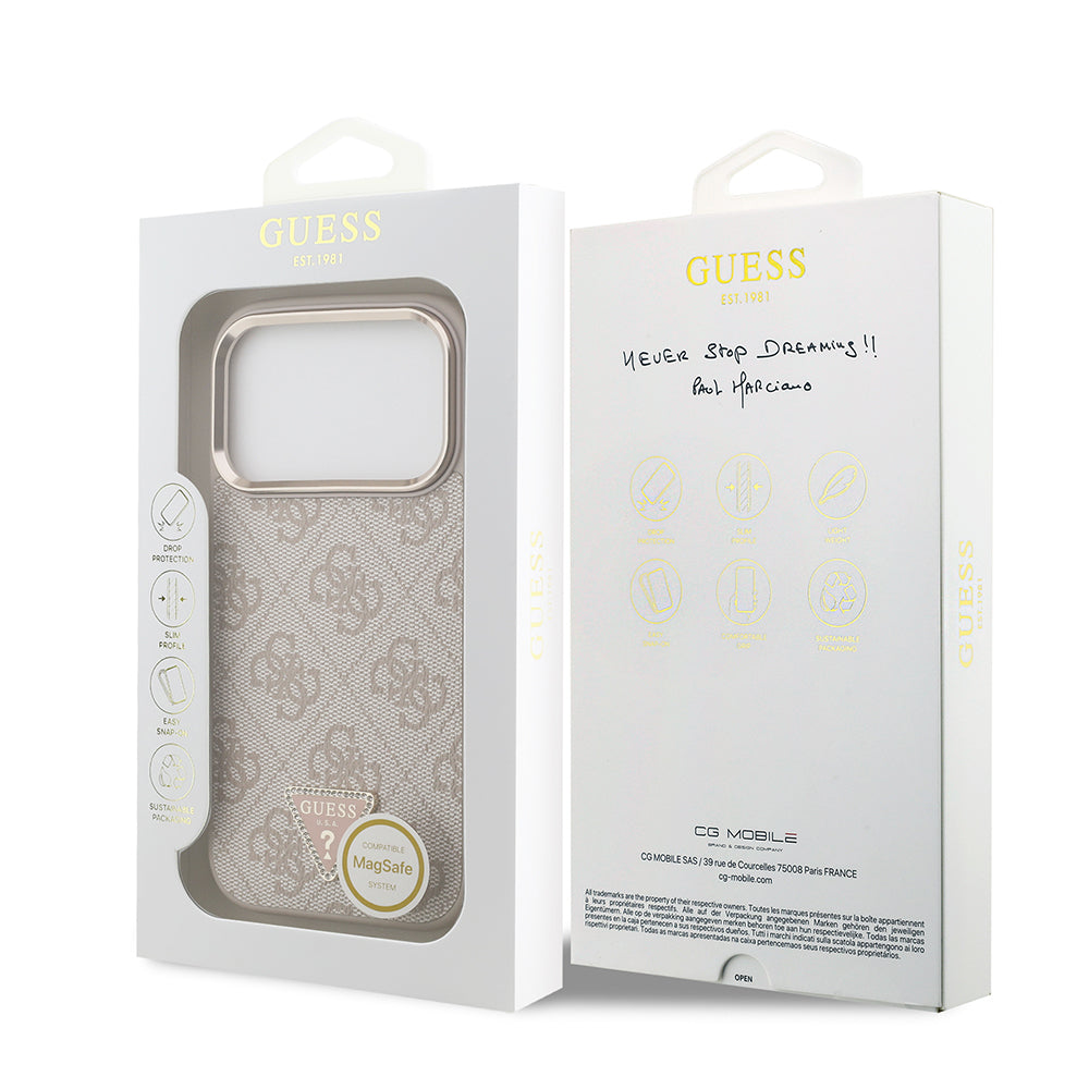 iPhone 17 Pro Kılıf Guess Orjinal Lisanslı M-safe Şarj Özellikli Gold Metal Kamera Çerçeveli Taşlı Üçgen Logo 4G Desenli Kılıf