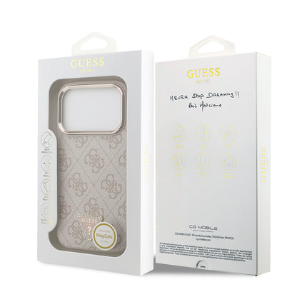 iPhone 17 Pro Kılıf Guess Orjinal Lisanslı M-safe Şarj Özellikli Gold Metal Kamera Çerçeveli Taşlı Üçgen Logo 4G Desenli Kılıf