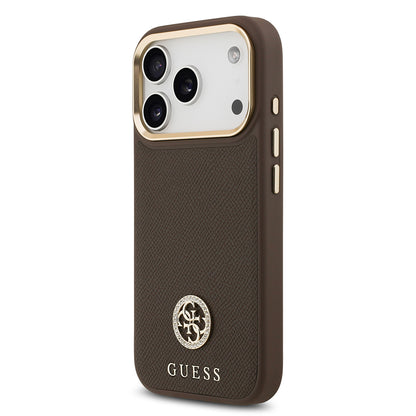 iPhone 17 Pro Kılıf Guess Orjinal Lisanslı M-safe Şarj Özellikli Grained Yazı ve Taşlı 4G Logolu Kılıf