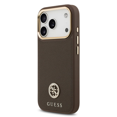 Apple iPhone 17 Pro Kılıf Guess Orjinal Lisanslı M-safe Şarj Özellikli Grained Yazı ve Taşlı 4G Logolu Kapak Siyah