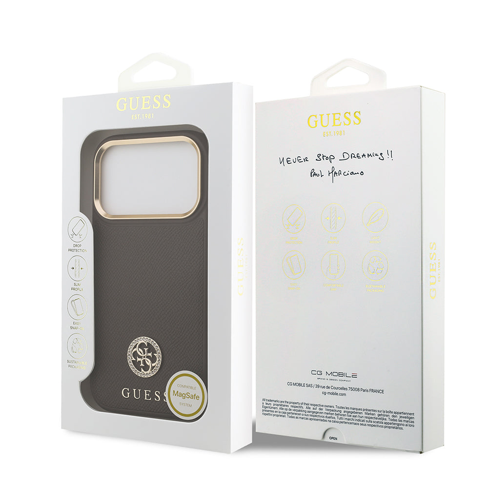 Apple iPhone 17 Pro Kılıf Guess Orjinal Lisanslı M-safe Şarj Özellikli Grained Yazı ve Taşlı 4G Logolu Kapak Siyah