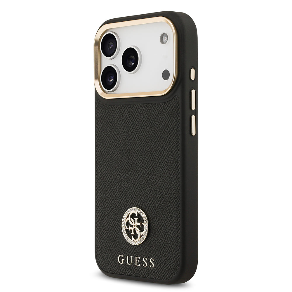 iPhone 17 Pro Kılıf Guess Orjinal Lisanslı M-safe Şarj Özellikli Grained Yazı ve Taşlı 4G Logolu Kılıf