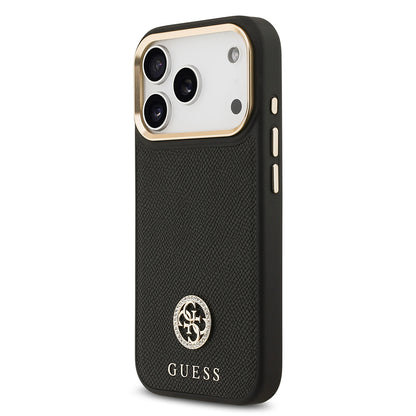iPhone 17 Pro Kılıf Guess Orjinal Lisanslı M-safe Şarj Özellikli Grained Yazı ve Taşlı 4G Logolu Kılıf