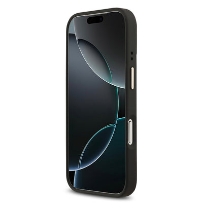 Apple iPhone 17 Pro Kılıf Guess Orjinal Lisanslı M-safe Şarj Özellikli Grained Yazı ve Taşlı 4G Logolu Kapak Siyah