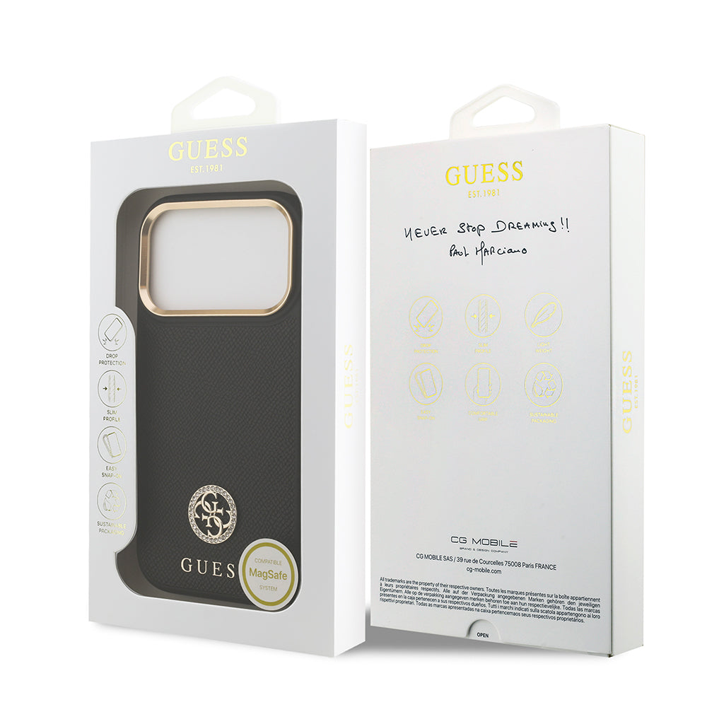 iPhone 17 Pro Kılıf Guess Orjinal Lisanslı M-safe Şarj Özellikli Grained Yazı ve Taşlı 4G Logolu Kılıf