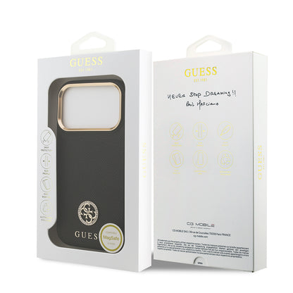 iPhone 17 Pro Kılıf Guess Orjinal Lisanslı M-safe Şarj Özellikli Grained Yazı ve Taşlı 4G Logolu Kılıf
