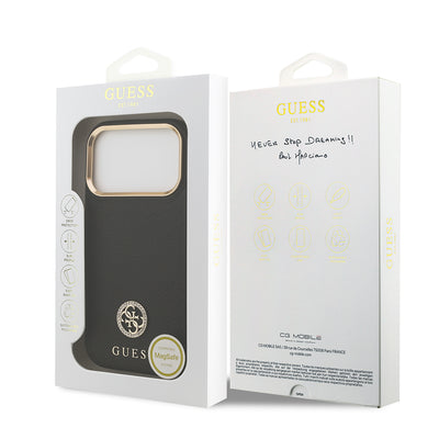 Apple iPhone 17 Pro Kılıf Guess Orjinal Lisanslı M-safe Şarj Özellikli Grained Yazı ve Taşlı 4G Logolu Kapak Siyah