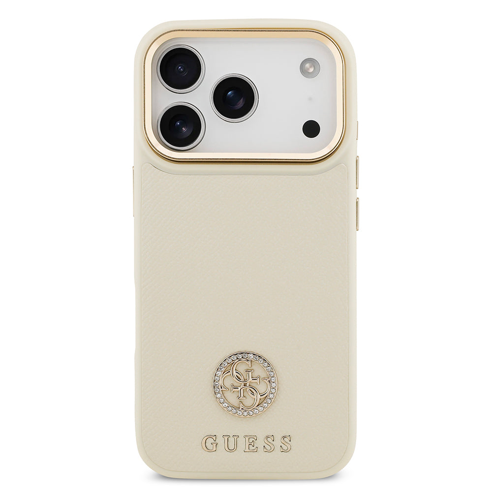 iPhone 17 Pro Kılıf Guess Orjinal Lisanslı M-safe Şarj Özellikli Grained Yazı ve Taşlı 4G Logolu Kılıf