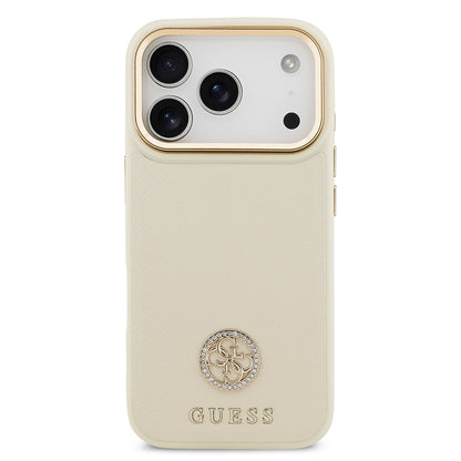 iPhone 17 Pro Kılıf Guess Orjinal Lisanslı M-safe Şarj Özellikli Grained Yazı ve Taşlı 4G Logolu Kılıf