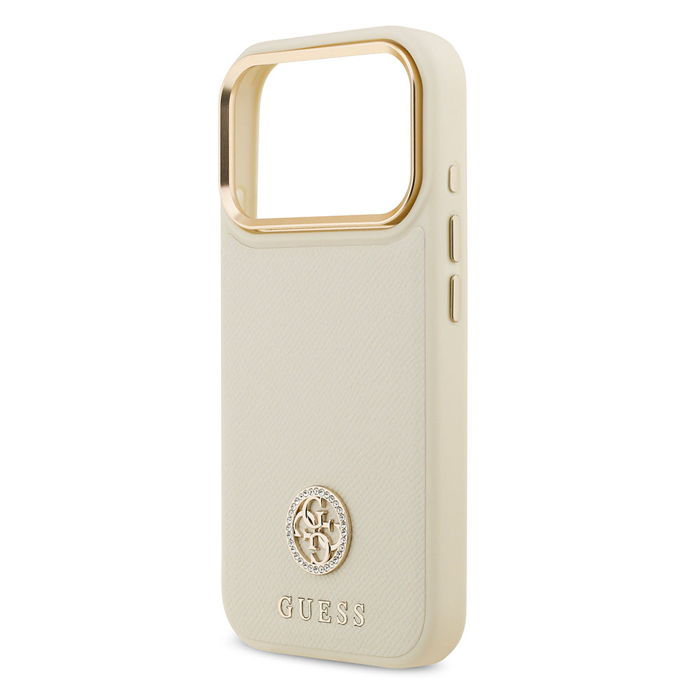 iPhone 17 Pro Kılıf Guess Orjinal Lisanslı M-safe Şarj Özellikli Grained Yazı ve Taşlı 4G Logolu Kılıf